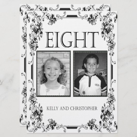 ヴィンテージ白と黒の写真テーブル番号8 招待状 (正面/裏面)