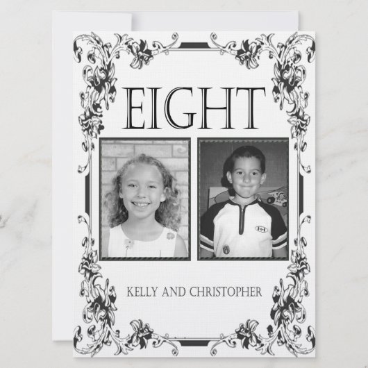 ヴィンテージ白と黒の写真テーブル番号8 招待状 (裏面)