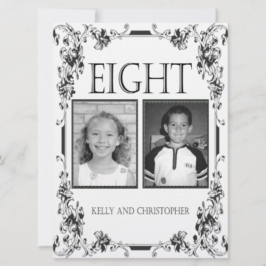 ヴィンテージ白と黒の写真テーブル番号8 招待状 (正面)