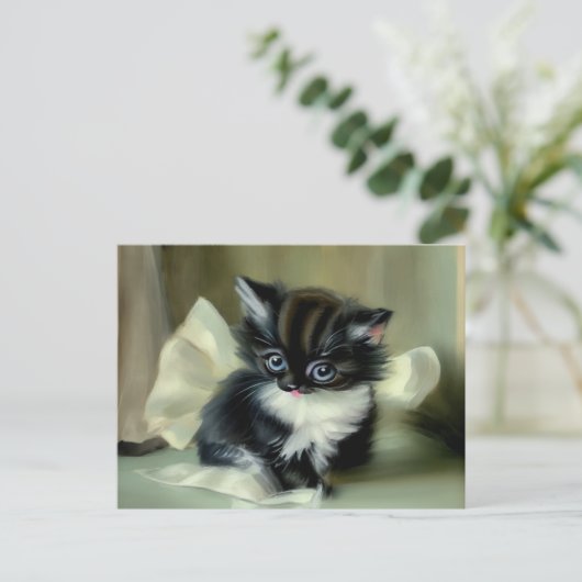 ヴィンテージ白と黒の子猫の舌が突き出ている ポストカード (スタンド正面)