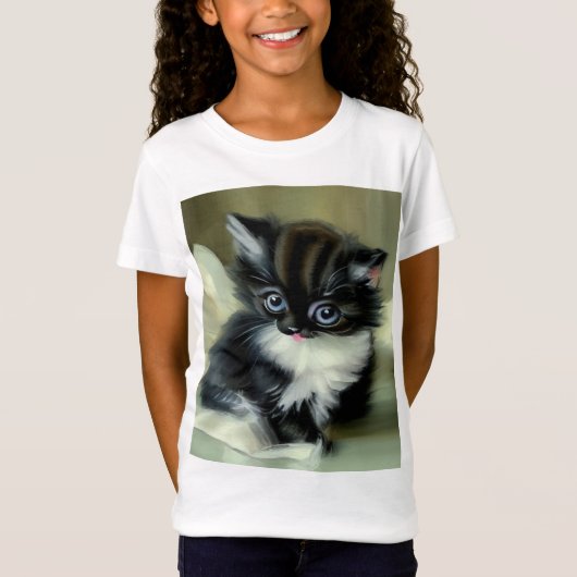ヴィンテージ白と黒の子猫の舌が突き出ている Tシャツ (正面)