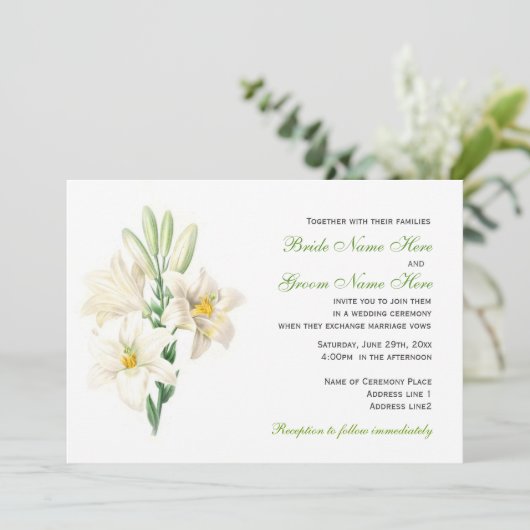 ヴィンテージ白ゆり花結婚式招待状。 招待状 (スタンド正面)