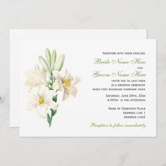 ヴィンテージ白ゆり花結婚式招待状。 招待状 (正面/裏面)