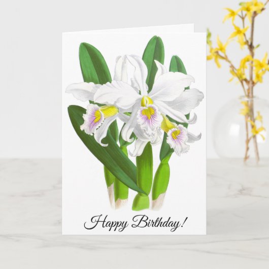 ヴィンテージ白オーキッドフラワーカパーソナライズされたード カード (黄色い花)
