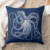 ヴィンテージ白タコ（濃い青の背景） クッション (ブランケット)