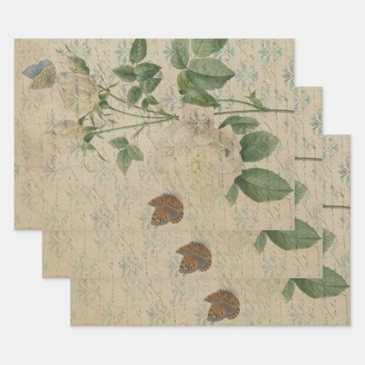 ヴィンテージ白バラと蝶 ラッピングペーパーシート (セット)