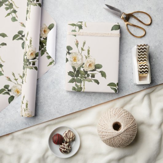 ヴィンテージ白バラ花花柄 ラッピングペーパー (クラフト)