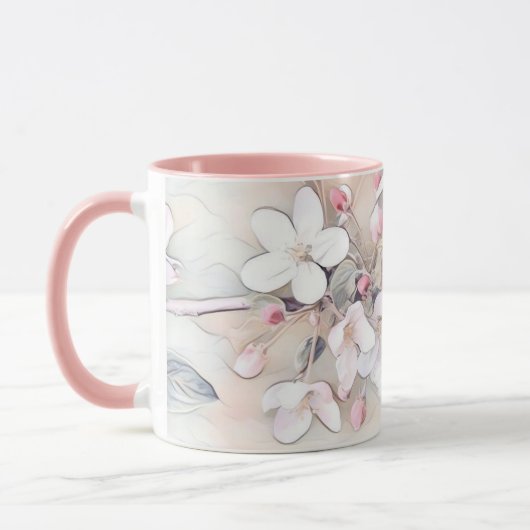 ヴィンテージ白ピンクさくらんぼ花スケッチ ミニマル マグカップ (左)