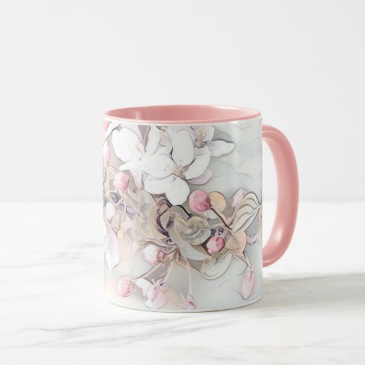 ヴィンテージ白ピンクさくらんぼ花スケッチ ミニマル マグカップ (正面右)