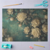 ヴィンテージ白フランスのバラ金ゴールド箔エメラルドグリーン 薄葉紙 (クラフト)