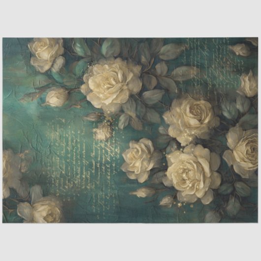 ヴィンテージ白フランスのバラ金ゴールド箔エメラルドグリーン 薄葉紙 (正面)