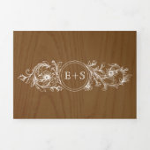 ヴィンテージ白フローラフレーム、イニシャルウッド結婚ズ 三つ折り招待状 (カバー)