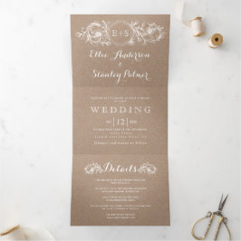 ヴィンテージ白フローラフレーム、イニシャル結婚kraft 三つ折り招待状