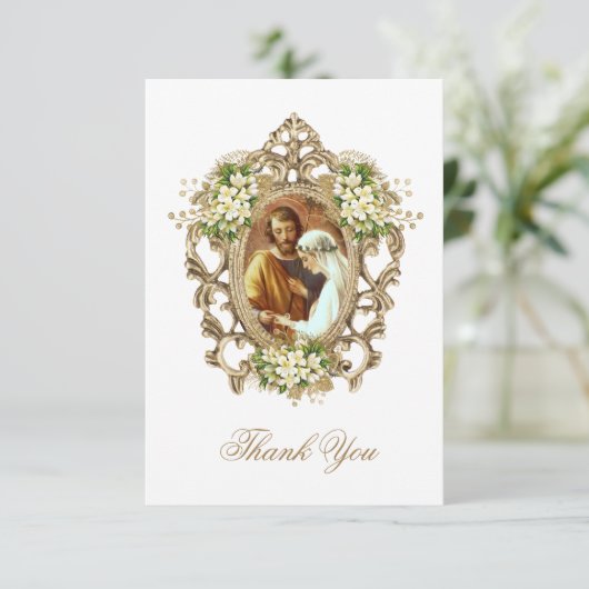 ヴィンテージ白フローラ結婚カトリック写真 サンキューカード (スタンド正面)