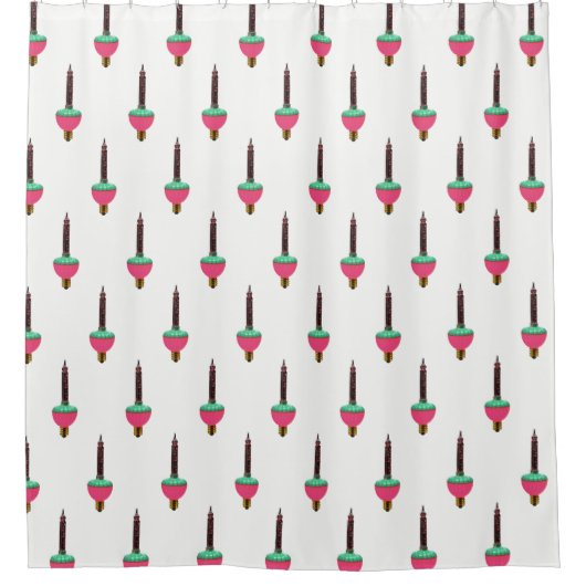 ヴィンテージ白熱［赤熱］光を放つのバブルライトパターン（白） シャワーカーテン (正面)