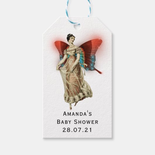 ヴィンテージ白熱［赤熱］光を放つ蝶フェアリー赤ちゃんシャワー ギフトタグ (正面)