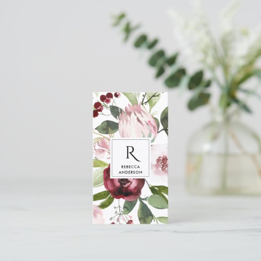 ヴィンテージ白色赤面ピンクブルゴーニュプロテアフローラ 名刺 (スタンド正面)