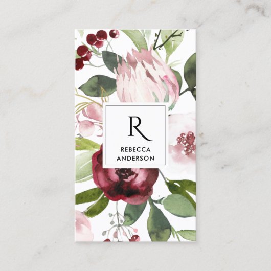 ヴィンテージ白色赤面ピンクブルゴーニュプロテアフローラ 名刺 (正面)