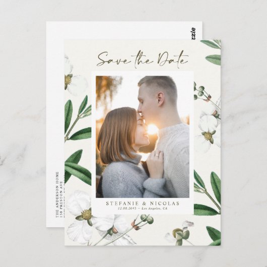 ヴィンテージ白花植物写真保存日 ポストカード (正面/裏面)