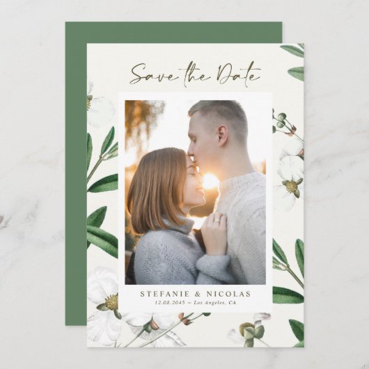 ヴィンテージ白花植物写真 セーブザデート (正面/裏面)