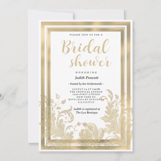 ヴィンテージ白金ゴールドフローラレースブライダルシャワー 招待状 (正面)