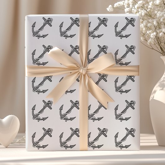 ヴィンテージ白黒いかりとロープ ラッピングペーパー