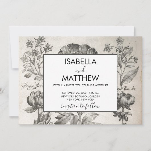 ヴィンテージ白黒の植物花フローラ 招待状 (正面)