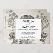 ヴィンテージ白黒の植物花フローラ 招待状 (正面/裏面)