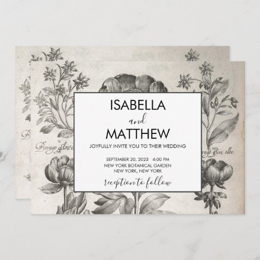 ヴィンテージ白黒の植物花フローラ 招待状 (正面/裏面)
