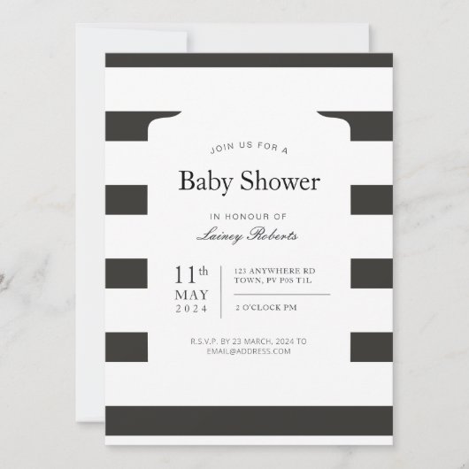 ヴィンテージ白黒の水平ストライプシャワー 招待状 (正面)