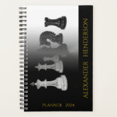 ヴィンテージ白黒の水色チェス金ゴールド名 プランナー手帳 (正面)