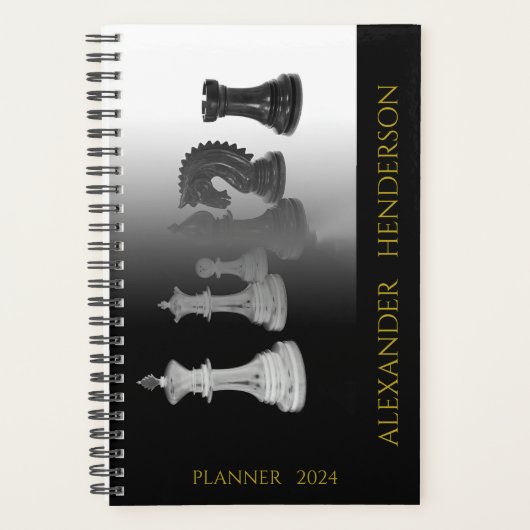 ヴィンテージ白黒の水色チェス金ゴールド名 プランナー手帳 (正面)