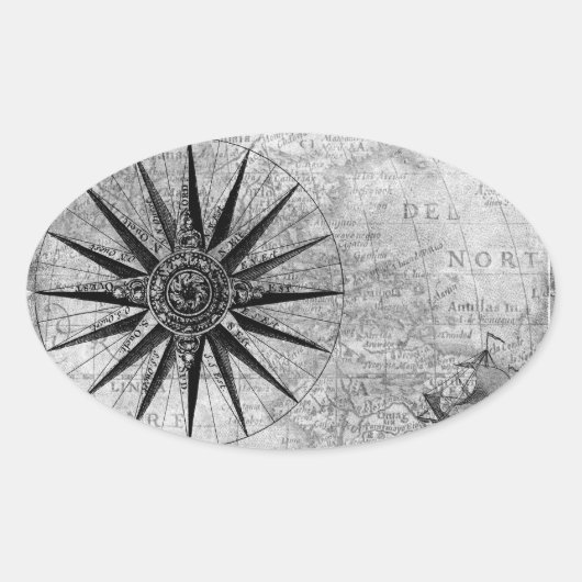 ヴィンテージ白黒の海図デカールDIY & craft 楕円形シール (正面)