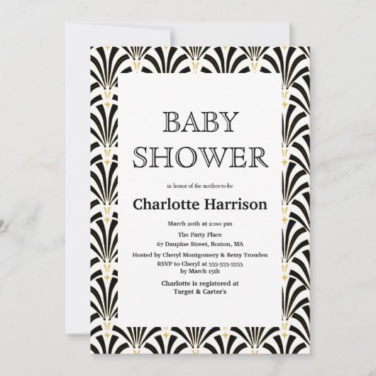 ヴィンテージ白黒アールデコファンのベビーシャワー 招待状 (正面)