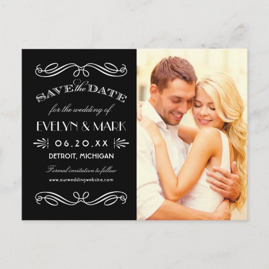 ヴィンテージ白黒アールデコ写真の保存日付 案内ポストカード (正面)