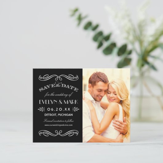 ヴィンテージ白黒アールデコ写真の保存日付 案内ポストカード (スタンド正面)