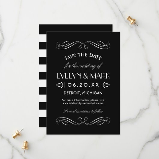 ヴィンテージ白黒アールデコ結婚 セーブザデート (正面/裏面インサイチュ)