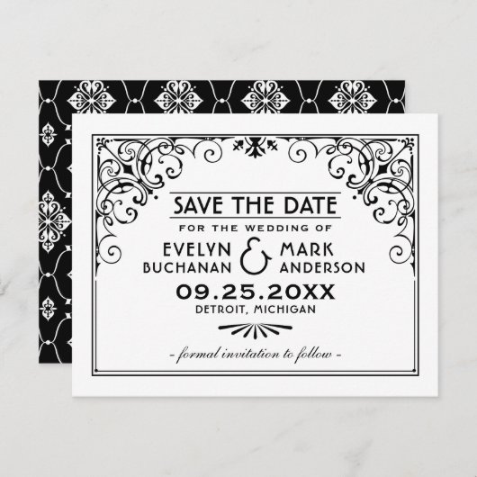 ヴィンテージ白黒アールデコ結婚 セーブザデート (正面/裏面)