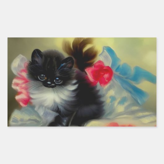 ヴィンテージ白黒キットン絵画ズ 長方形シール (正面)