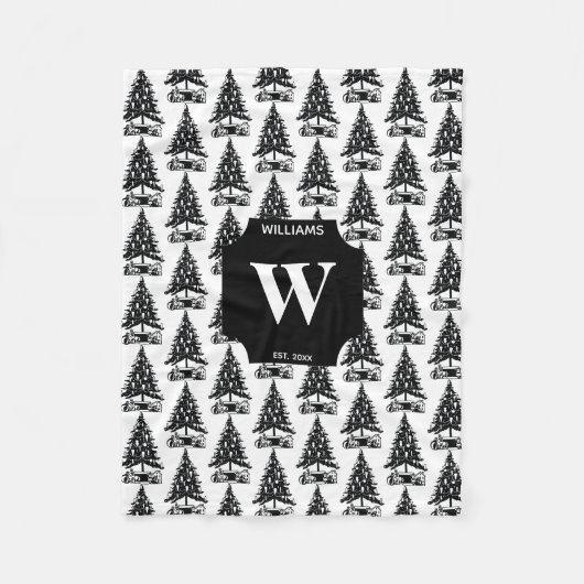 ヴィンテージ白黒クリスマスツリーモノグラムの フリースブランケット (正面)