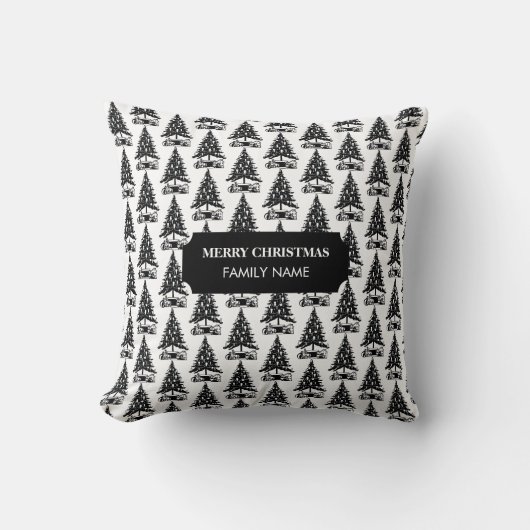 ヴィンテージ白黒クリスマスツリー名前をカスタムする クッション (正面)