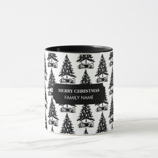 ヴィンテージ白黒クリスマスツリー名前をカスタムする マグカップ (中央)