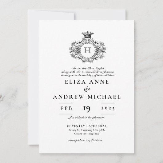 ヴィンテージ白黒クレストモノグラム結婚ズ 招待状 (正面)