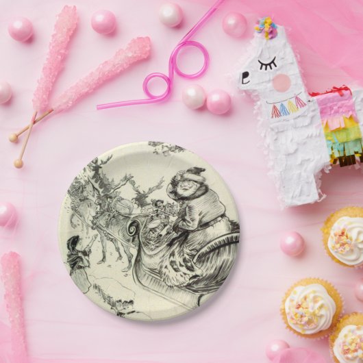 ヴィンテージ白黒サンタ来ーの町へ ペーパープレート (パーティー)