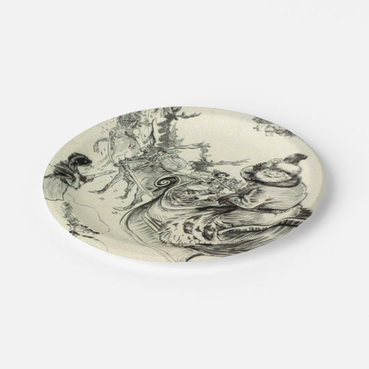 ヴィンテージ白黒サンタ来ーの町へ ペーパープレート (アングル)