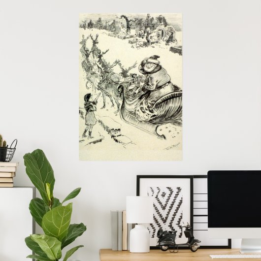 ヴィンテージ白黒サンタ来ーの町へ ポスター (ホームオフィス)