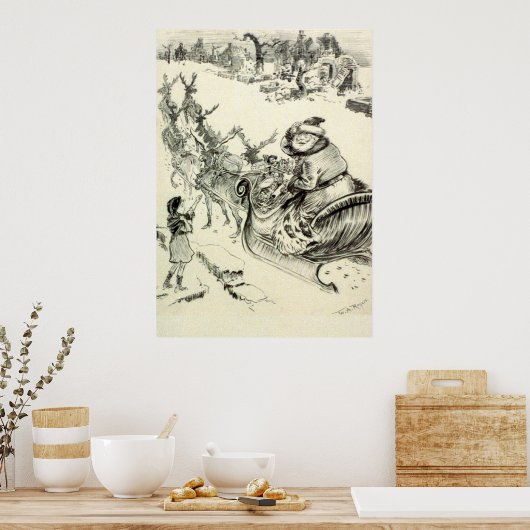 ヴィンテージ白黒サンタ来ーの町へ ポスター (キッチン)