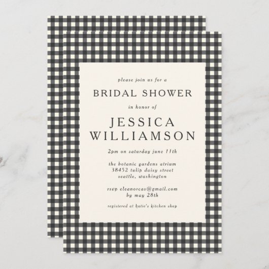 ヴィンテージ白黒ジンガムプレイドブライダルシャワー 招待状 (正面/裏面)