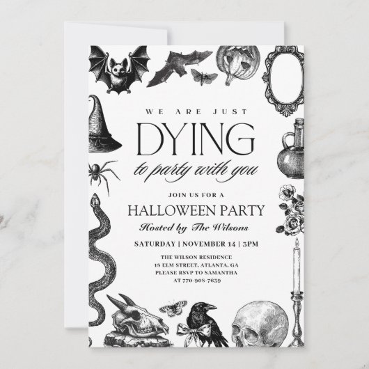 ヴィンテージ白黒スカルハロウィーン 招待状 (正面)