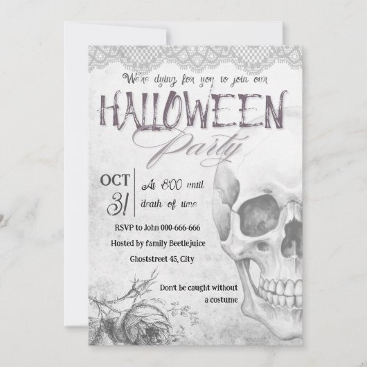 ヴィンテージ白黒スカル大人ハロウィーン 招待状 (正面)